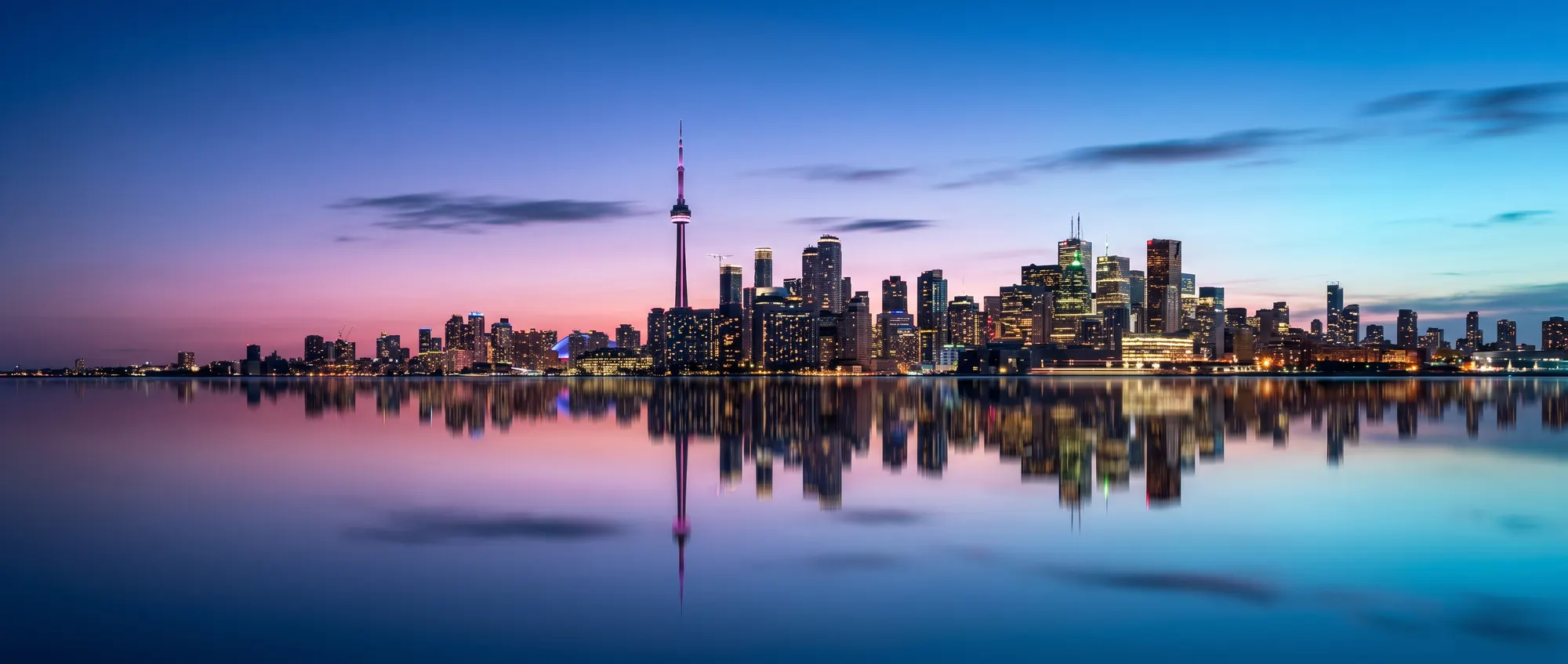 Toronto skyline with the CN Tower at blue hour
